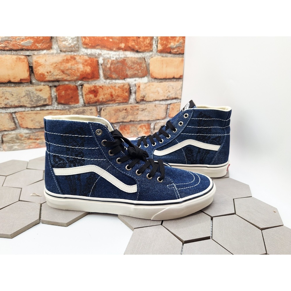 Vans Sk8-Hi Tapered Denim Embroidery Blue Dark Denim White Skate Shoes Sz 11.5